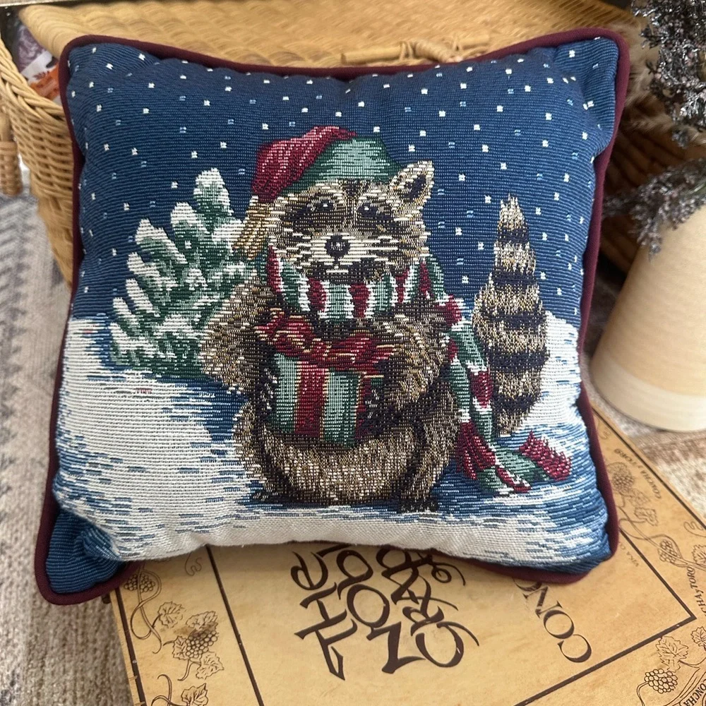 Vintage Tapestry Winter Raccoon Pillow Christmas Festive Holiday Throw Pillow